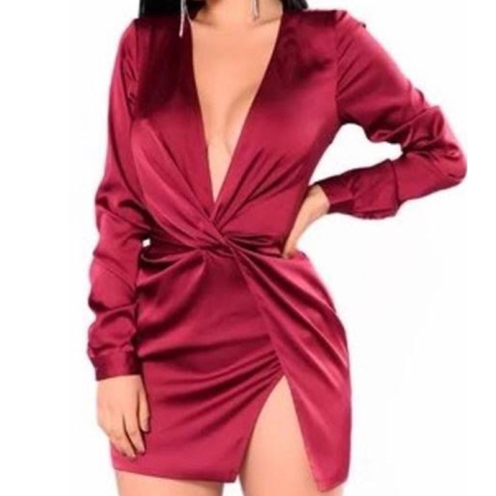 Fashion Nova silky Sugar Free dress with tie at waist and slit at knee.